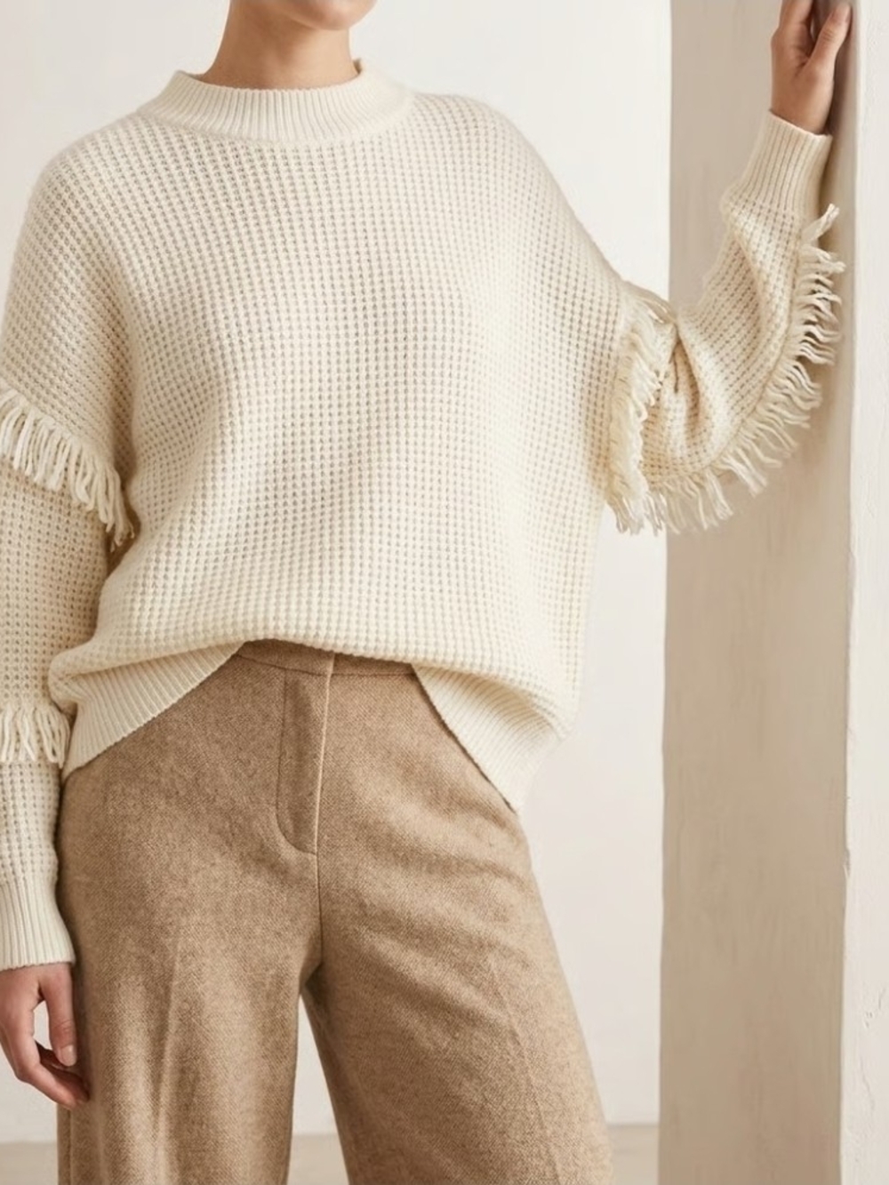 MICHAEL Michael Kors Cream Waffle-Knit Fringe Crewneck Sweater